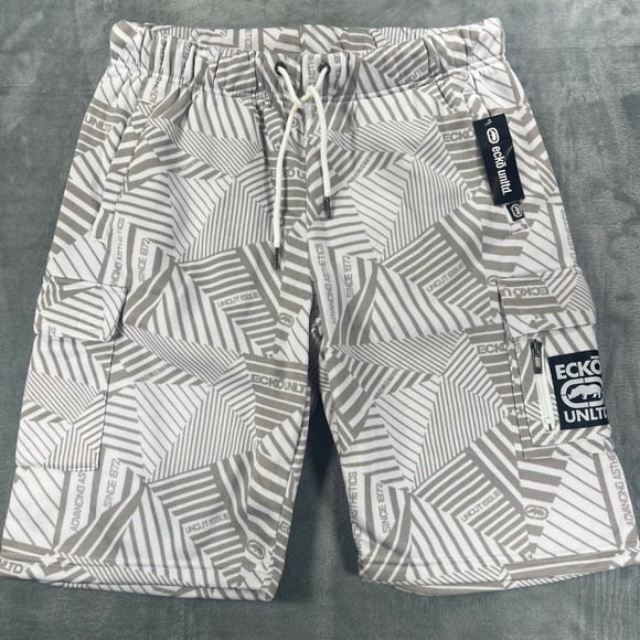 Ecko Unltd. Other - Ecko Unltd Men Fleece Cargo Shorts White Grey Geometric Take Flight Large NWT